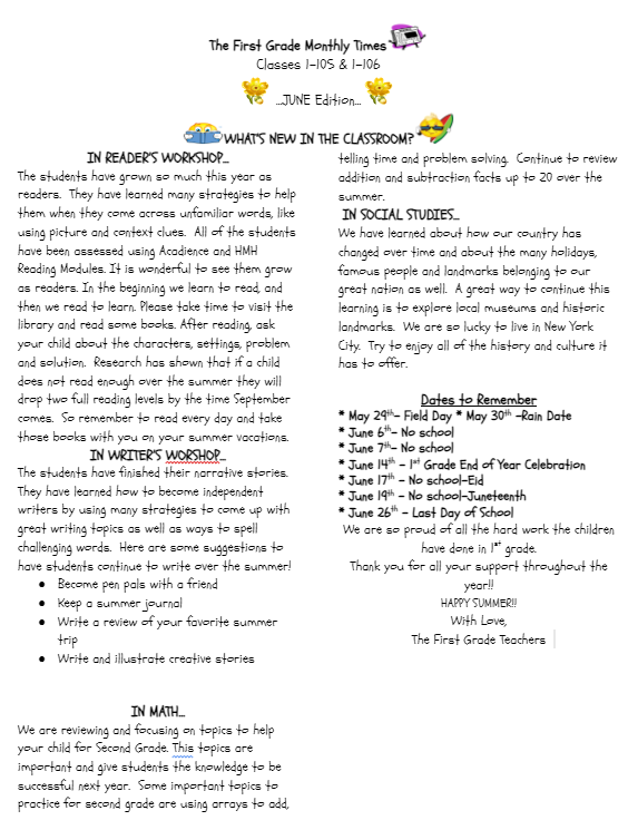1st Grade Newsletter