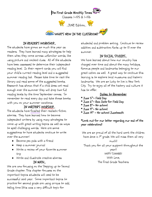 1st Grade Newsletter